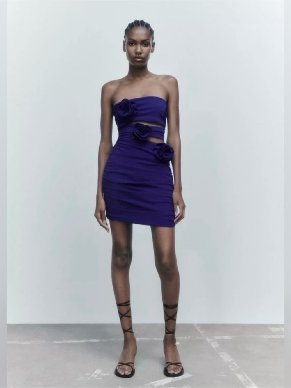 Zara Strapless Deep Purple Floral-Applique Cutout Mini Dress